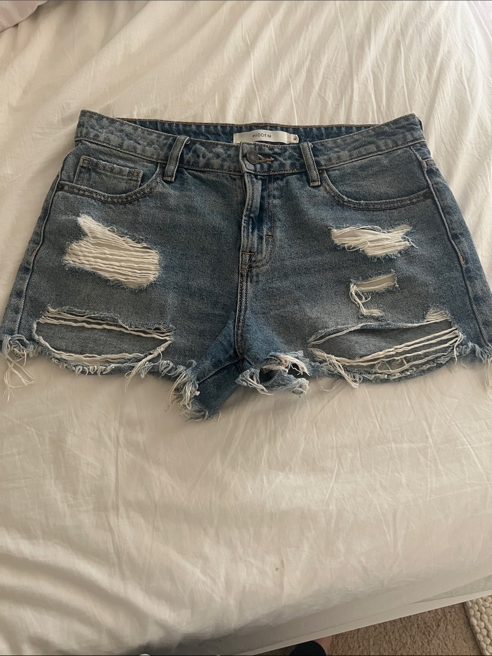 High-Rise Distressed Denim Shorts - Blue